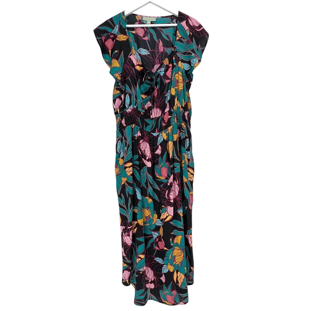 Ryegrass Floral Maxi Dress Womens XXL Black Teal Pink Smocked Waist V-Neck Boho